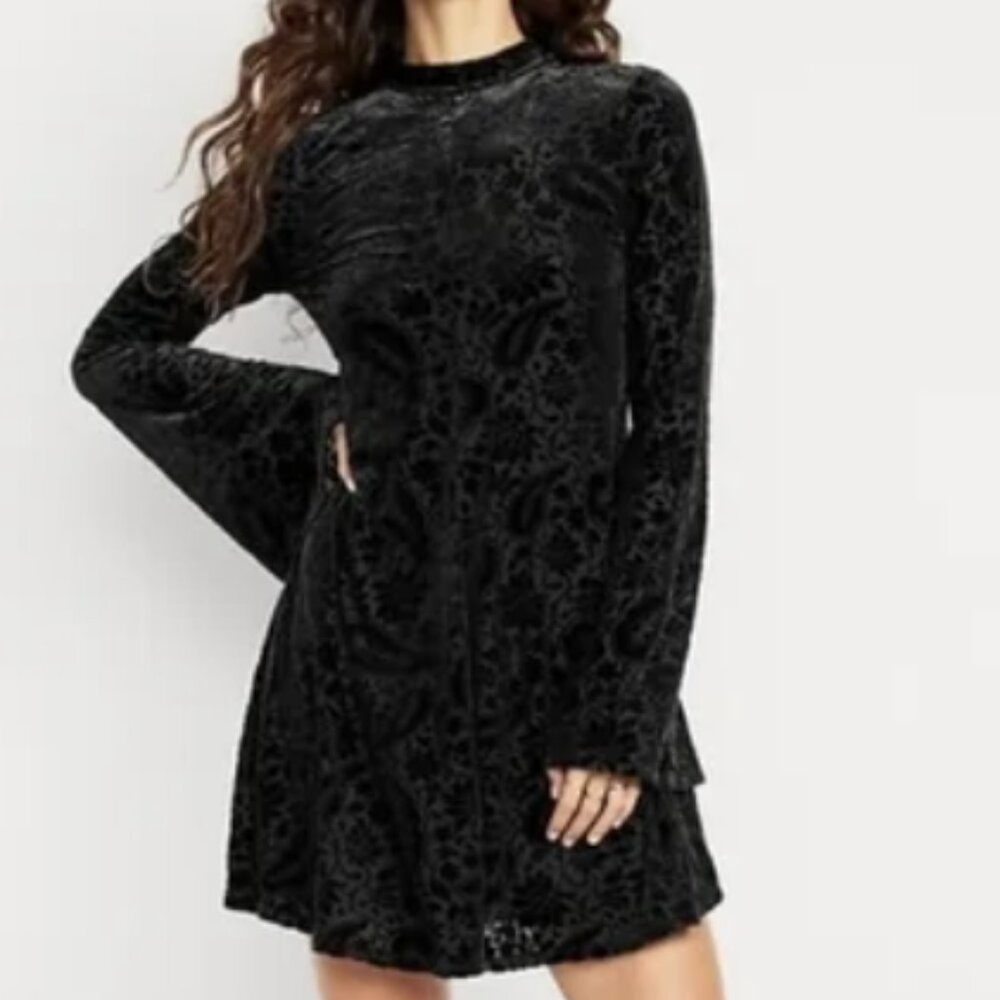 LONG BELL SLEEVE VELOUR FLOCKED BLACK MINI DRESS XXL